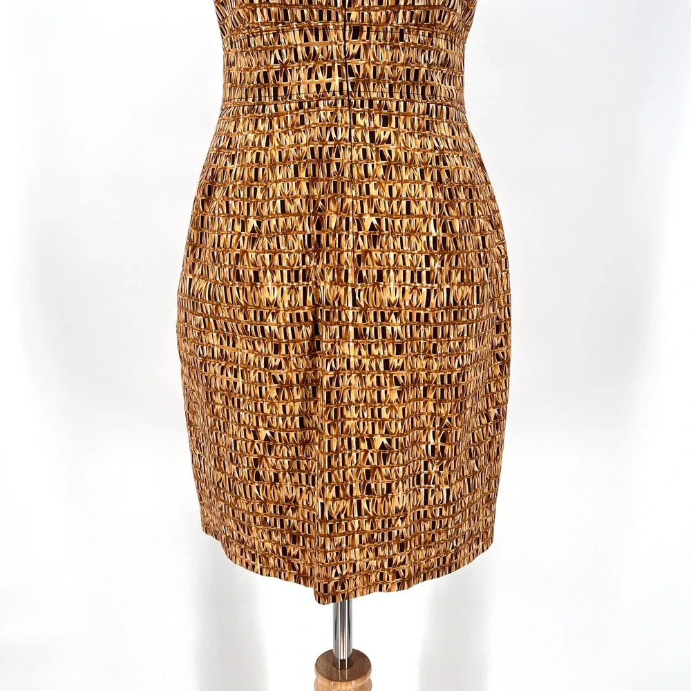 CHETTA B Vintage Dress Womens 4 Tan Brown Cotton Square Neck Sleeveless Sheath - Picture 6 of 16